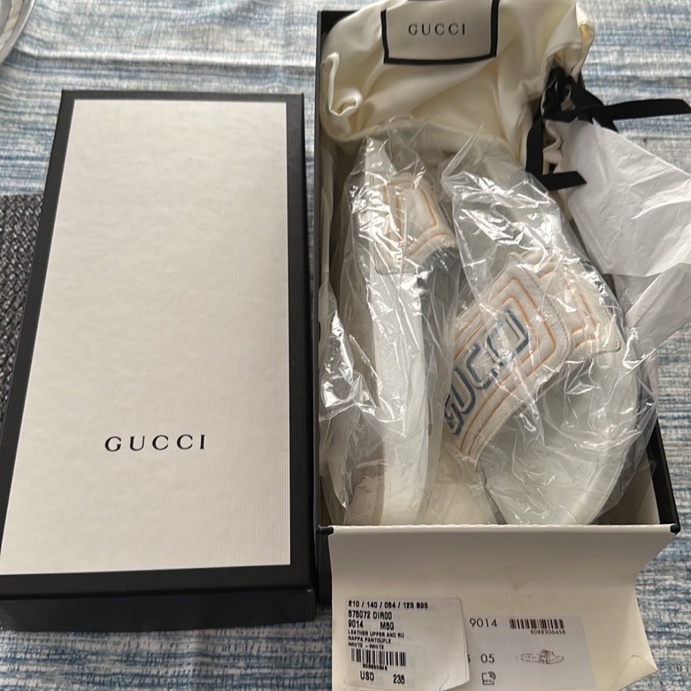 Gucci 575072 Logo leather white slides sandal Unisex (mens US 5)(women US 6-6.5)
